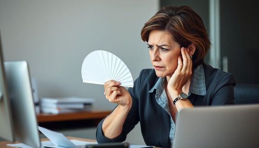 Woman experiencing perimenopause symptoms like hot flashes and fatigue