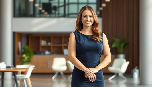 Woman wearing a classic navy blue business casual dress in an office setting