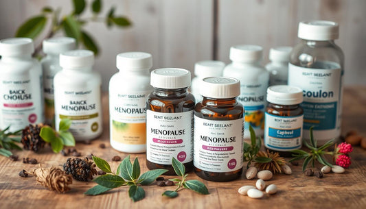 Various menopause hormone support supplement bottles arranged on a wooden surface with calming herbs like black cohosh and red c