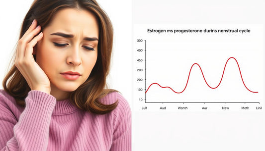 Woman experiencing PMS symptoms with a visual representation of hormonal fluctuation during menstrual cycle