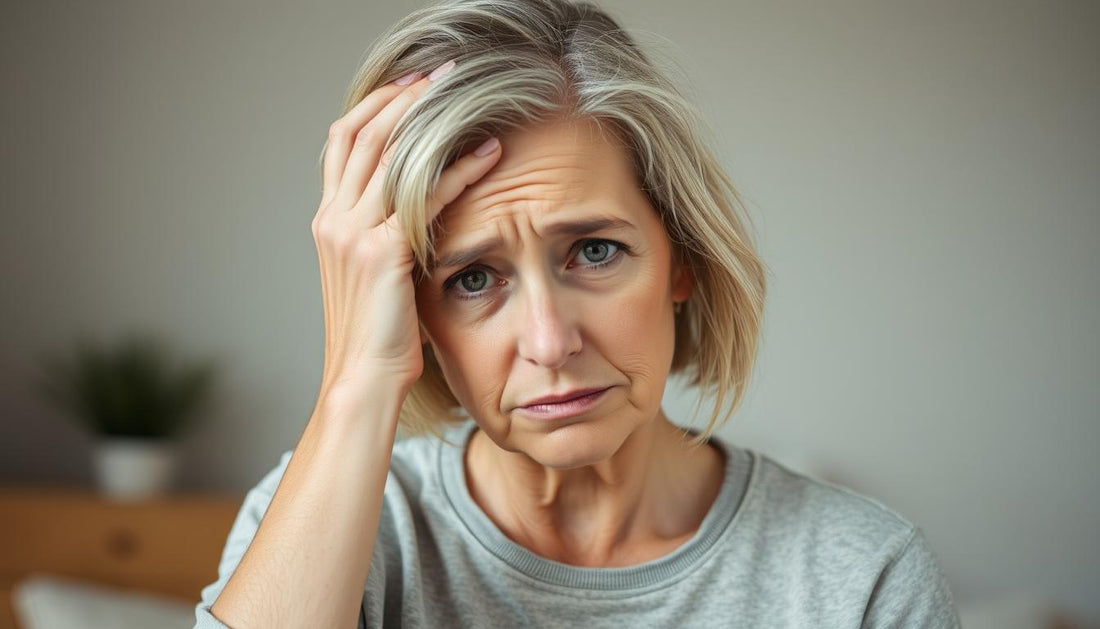 Woman experiencing symptoms of estrogen imbalance including fatigue and mood changes
