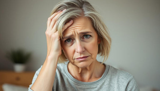 Woman experiencing symptoms of estrogen imbalance including fatigue and mood changes
